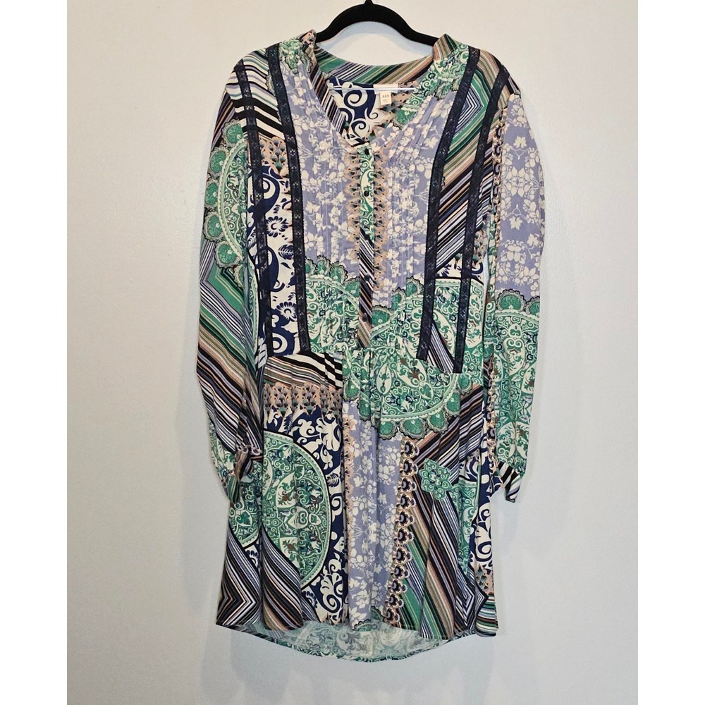 Anthropologie Tiny Mixed Print Patchwork Lace Pintuck Shift Dress XXS Green Blue